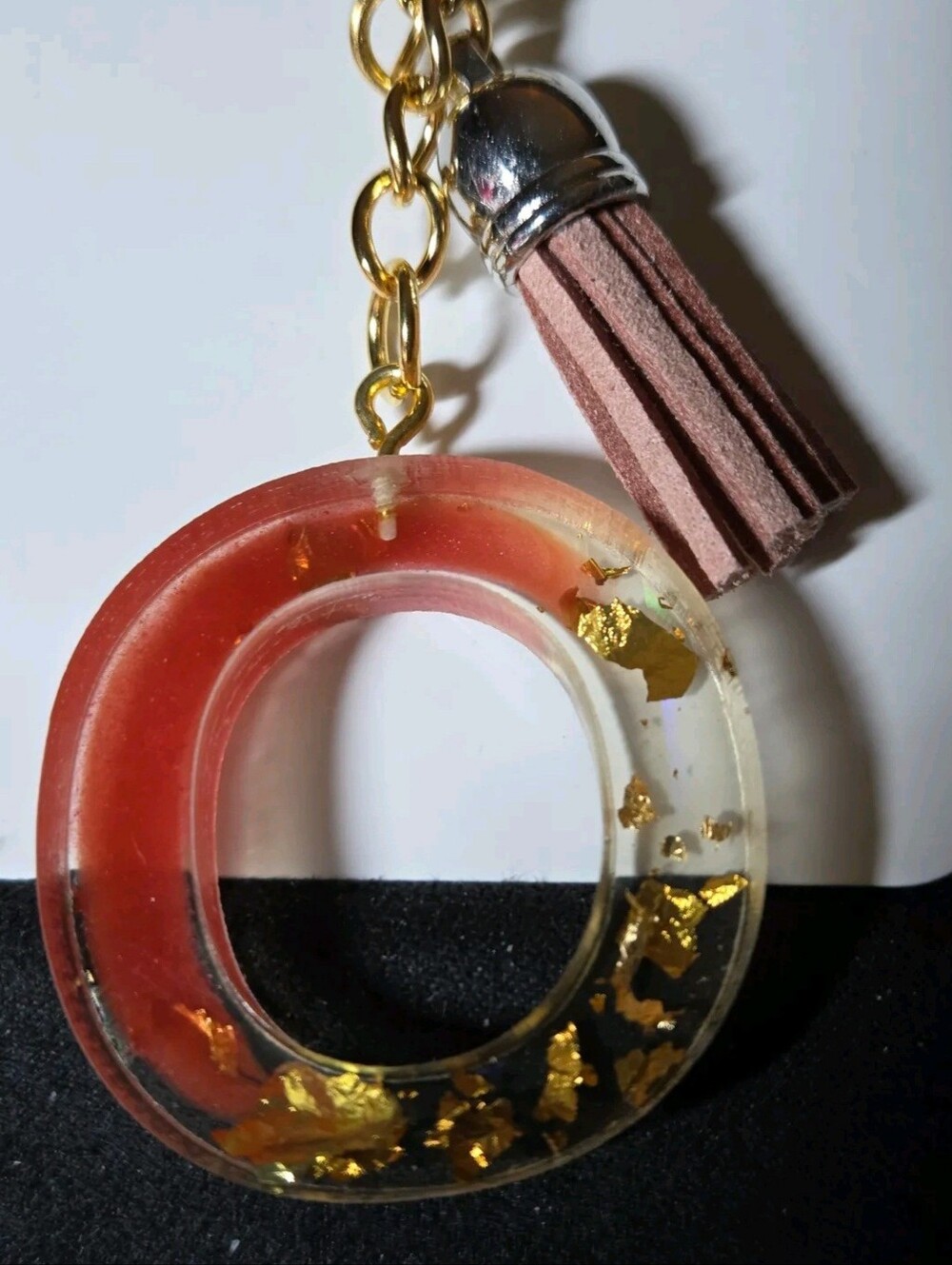 Resin Letter O Keychain with Pink Tassel and Gold Flakes